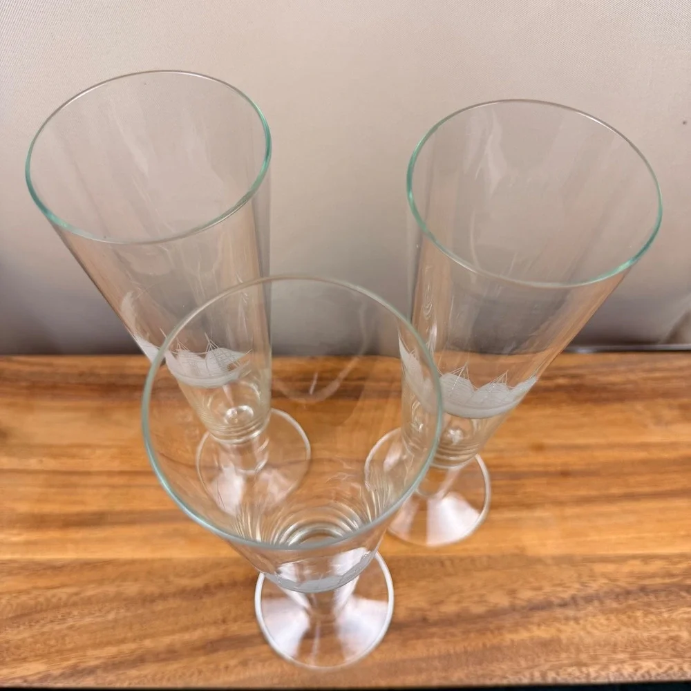 Toscany Etched Clipper Ship Tall Pilsner Glasses Set of 3 Nautical Clear Glass